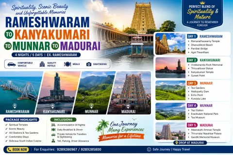 RAMESHWARAM – KANYAKUMARI – MUNNAR – MADURAI TOUR | 6 Days / 5 Nights